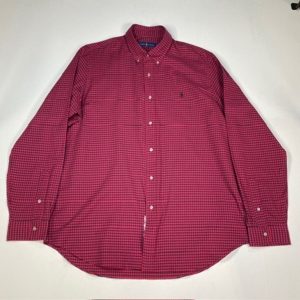 Ralph Lauren Mens XL Gingham Button Down Shirt Red Navy Blue Long Sleeve Cotton